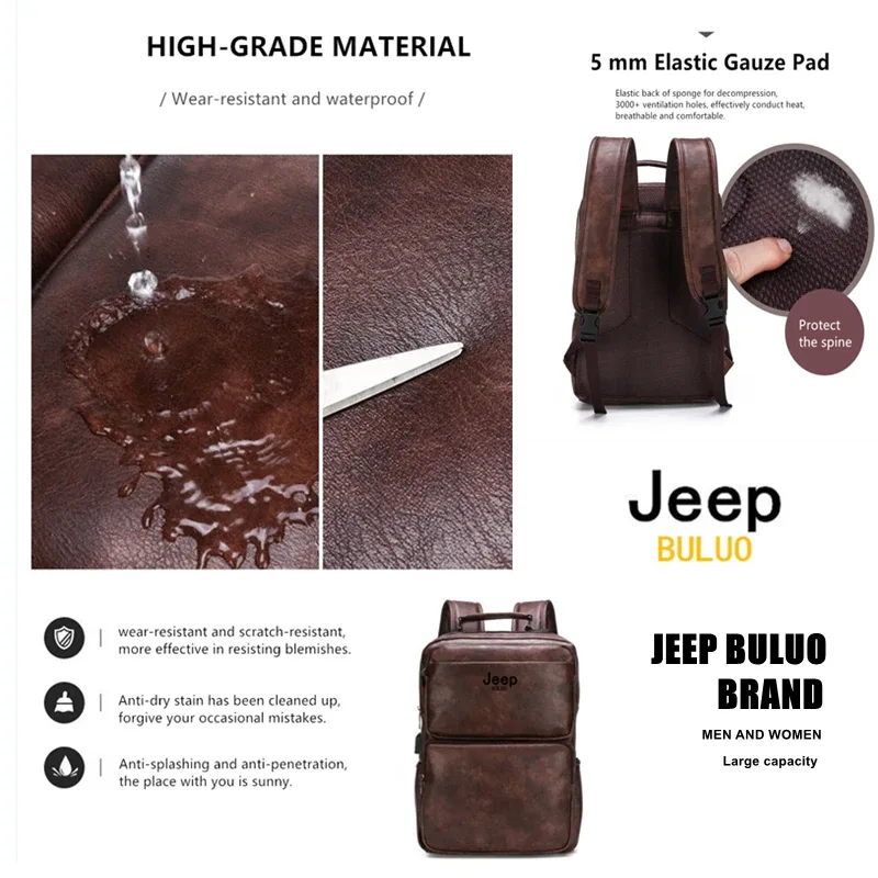 sac à dos en cuir vintage jeep buluo pour homme, grande capacité, sac pour ordinateur portable, sac à dos décontracté pour le travail, les voyages, l'université