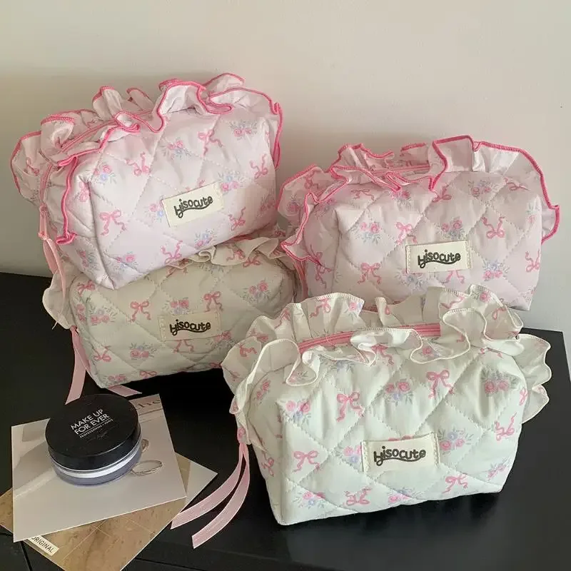 sac de maquillage en coton matelassé avec nœud mignon pour femmes, organisateur de cosmétiques à fermeture éclair, sac à main en tissu, trousse de toilette portable pour filles