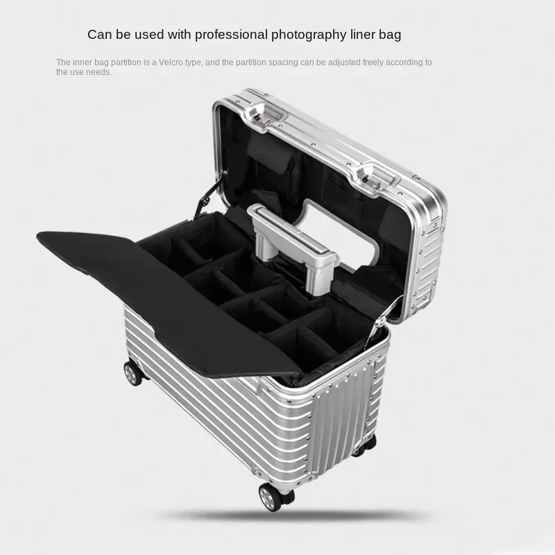valise en aluminium 100%, étui pour appareil photo de photographie à ouverture supérieure, valise de cabine à main de 18/20 pouces, serrure par mot de passe, boîte à outils pour bagages