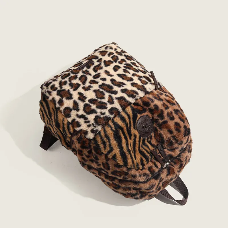 sac à dos imprimé léopard mode avion cabine sac à dos grande capacité sac d'école polyvalent en peluche sacs souples mochilas mujer 2025
