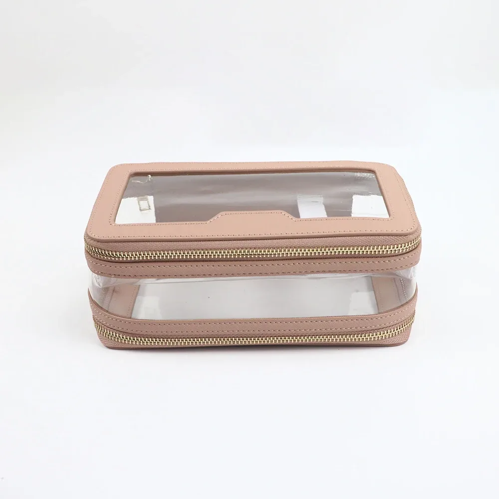 sac de toilette en cuir pu + tpu transparent avec nom personnalisé, trousse de maquillage portable de voyage, sac de rangement étanche de grande capacité