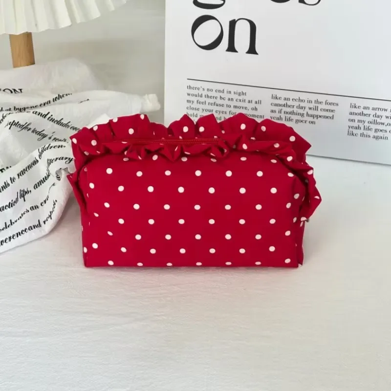 trousse de maquillage vintage à pois avec bord volanté grande capacité pochette de rangement portable pour cosmétiques et soins de la peau pour femme