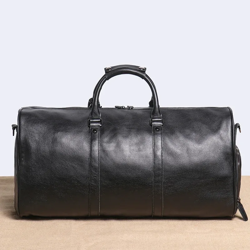 sac de voyage en cuir véritable pour hommes, sac de bagage à main décontracté, sac de fitness de grande capacité, poche à chaussures pour ordinateur portable de 18 pouces