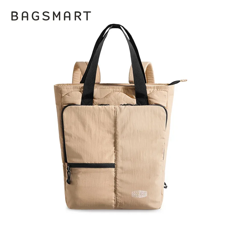 sac dos nylon beige noir réversible pochette lateral poignée amovible plissé universitaire grande capacité