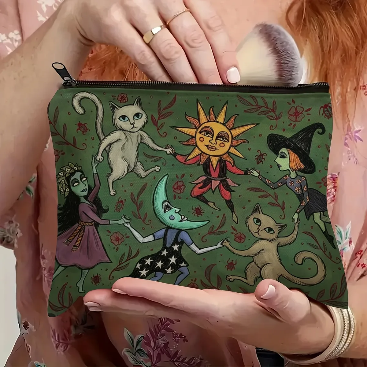 1pc sac enchanté forêt nuit trousse de maquillage fantaisiste sorcière chat et lune conception sur vert foncé cosmétiques crayons étudiant trousse de maquillage