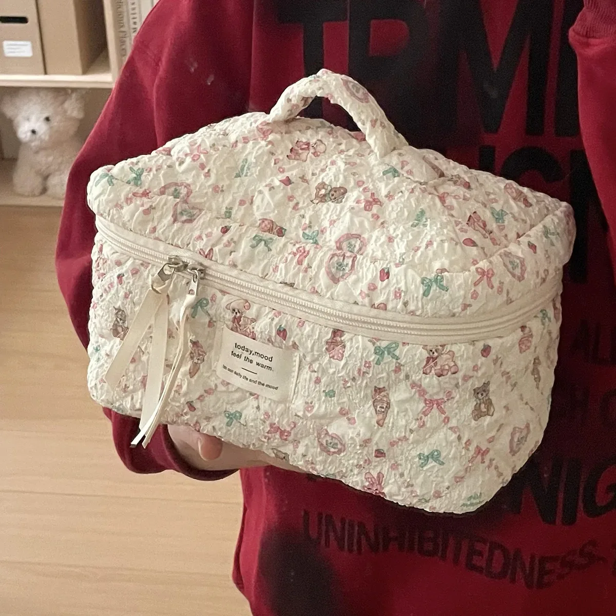 trousse de maquillage à imprimé floral mouton, grande capacité, sac de voyage portable, trousse de toilette mignonne à motif dessin animé, pochette de rangement portable
