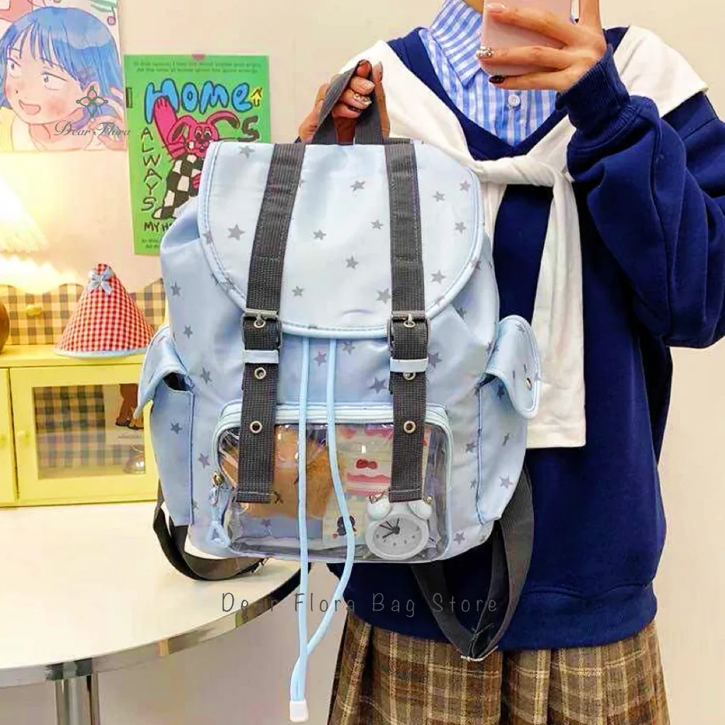 nouveau sac à dos ita bleu ciel tendance et adorable, transparent, grande capacité, pour femme, idéal pour l'école et les trajets quotidien, avec compartiment diy pour affichage personnalisé
