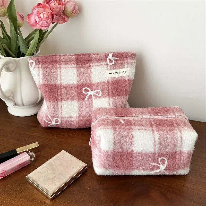 sac de maquillage à carreaux doux pour la saint-valentin, nouvel an, organisateur d'arc en tweed, trousse de toilette de grande capacité, pochette de transport à main portable