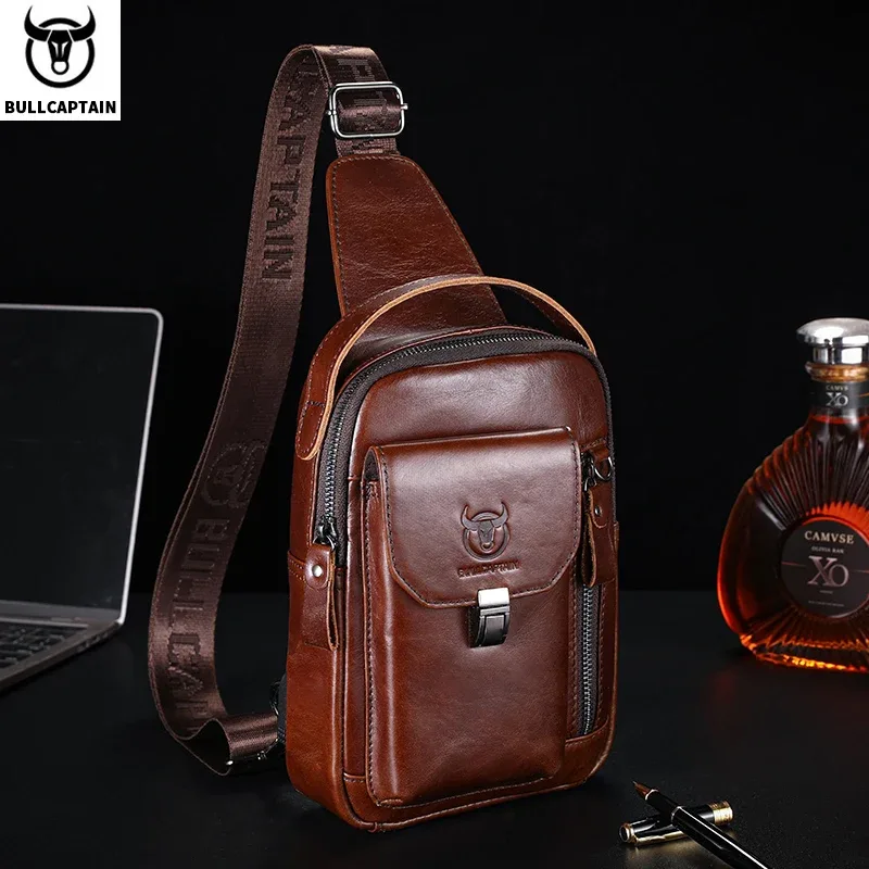 BULLCAPTAIN sac de poitrine en cuir véritable pour hommes décontracté rétro 7.9 pouces sac pour téléphone portable multifonctionnel antivol sac à bandoulière