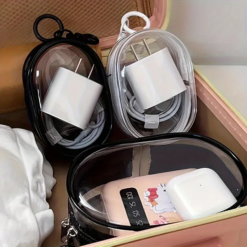 sac de rangement portable mini transparent avec fermeture éclair et boucle porte-clés, organisateur peu encombrant pour écouteurs, chargeurs et petits articles quotidiens