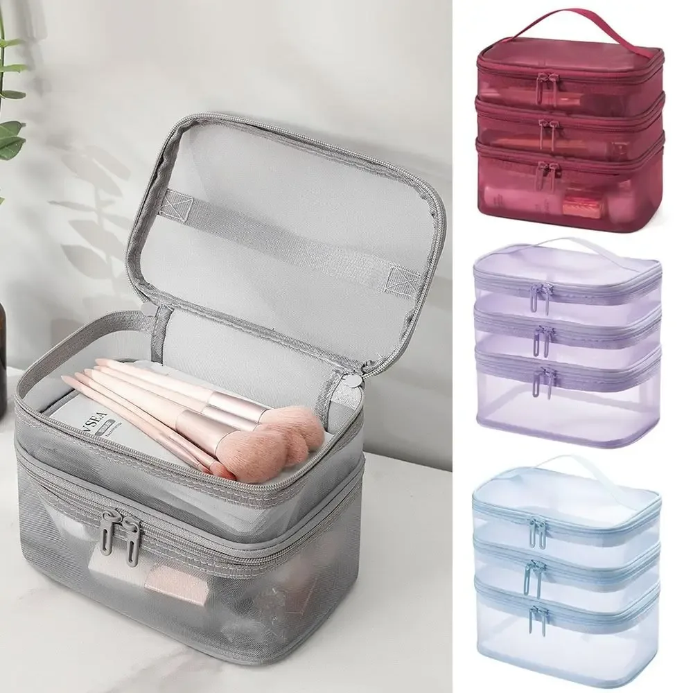 Sac de rangement pour cosmétiques de voyage en maille transparente, trousse de toilette à 2/3 couches, sac de rangement de maquillage de grande capacité, salle de sport et natation