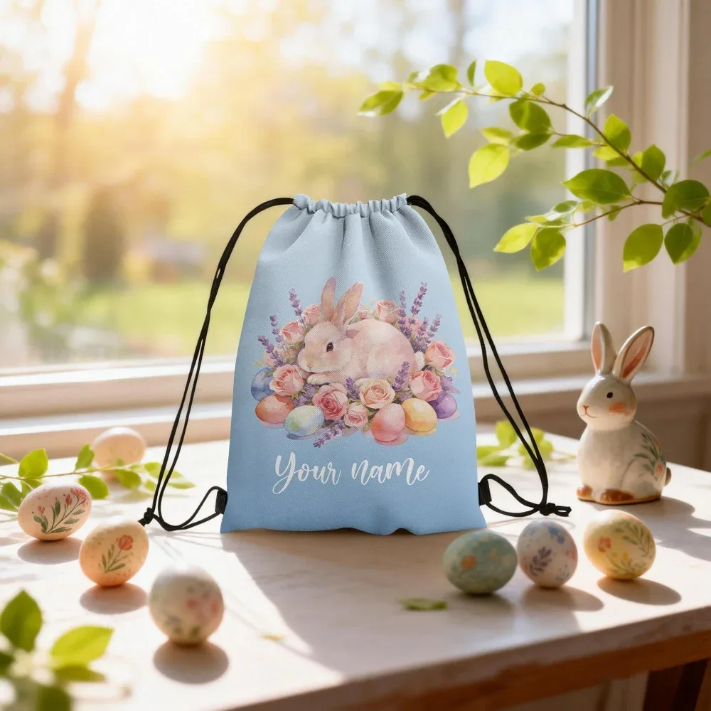 sac à dos à cordon personnalisé avec motif floral aquarelle et lapin de pâques, sac à œufs personnalisé, cadeau de pâques pour enfants