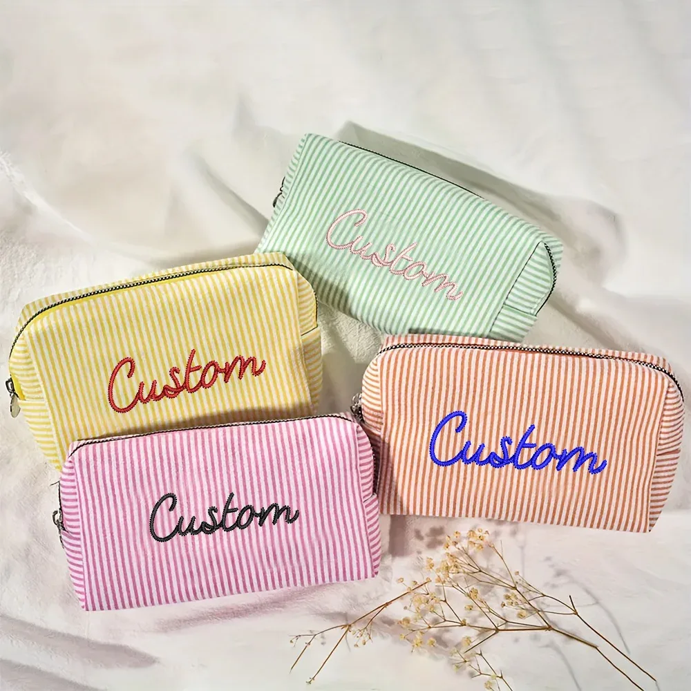 pochette de maquillage brodée personnalisée, nom personnalisé, pochette cosmétique pour demoiselle d'honneur, trousse de toilette portable, sac de voyage, cadeau pour femme