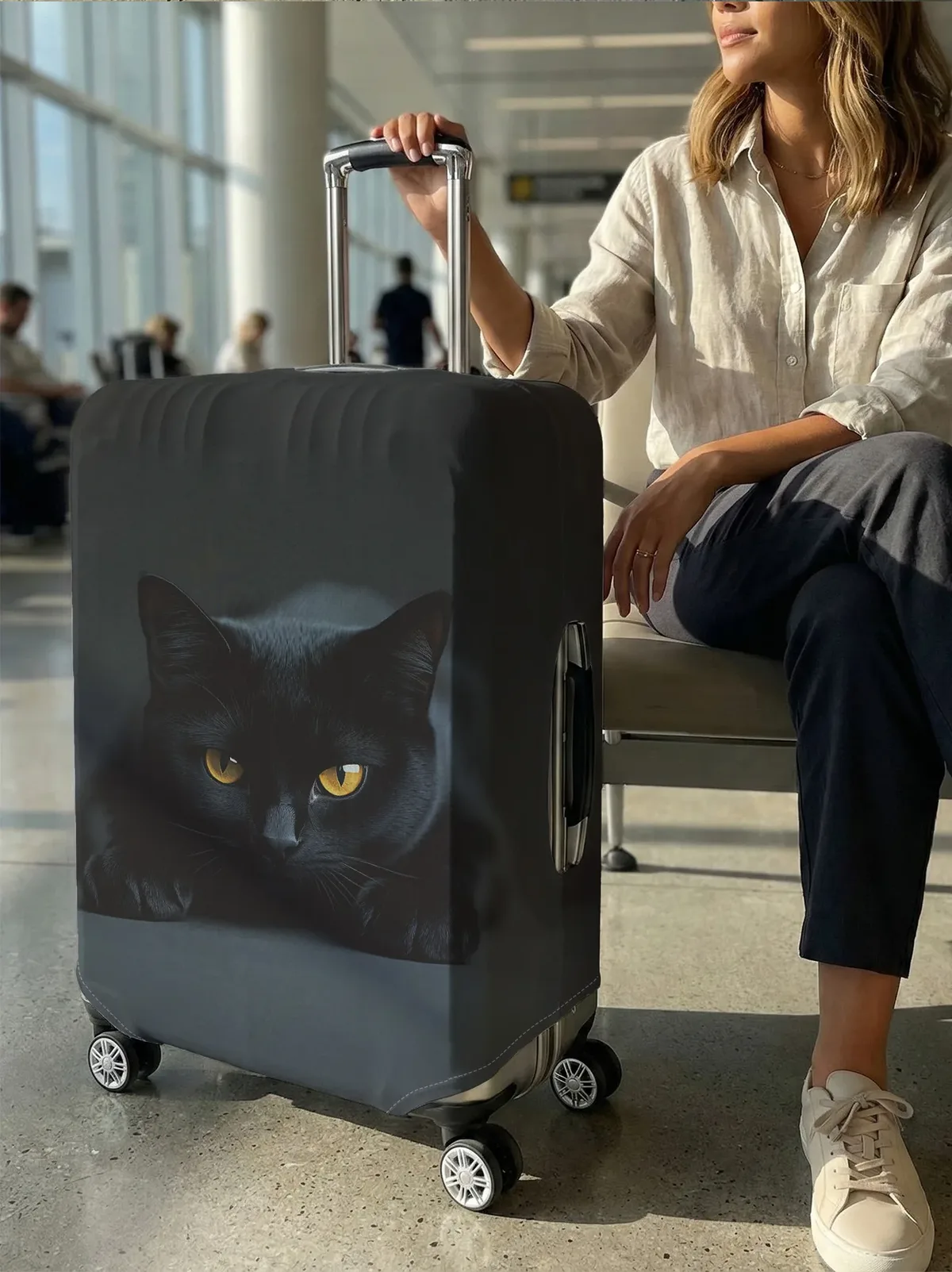 housse de protection pour bagages en forme de chat noir aux yeux jaunes, adaptée aux housses de bagages de 18 à 32 pouces, gants pour poignée de bagage, accessoire de voyage