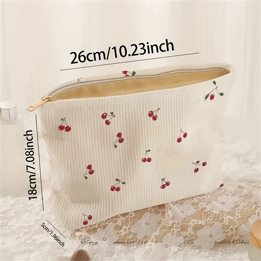 pochette décontractée en velours côtelé imprimé cerise, sac de maquillage, sac à main multifonctionnel, organisateur de toilette, boîte de rangement de cosmétiques avec doublure
