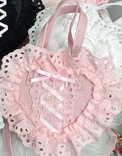 lolita fait à la main amour coeur dentelle fleur mignon sac à bandoulière douce fille étudiants arc fourre-tout sacs à main