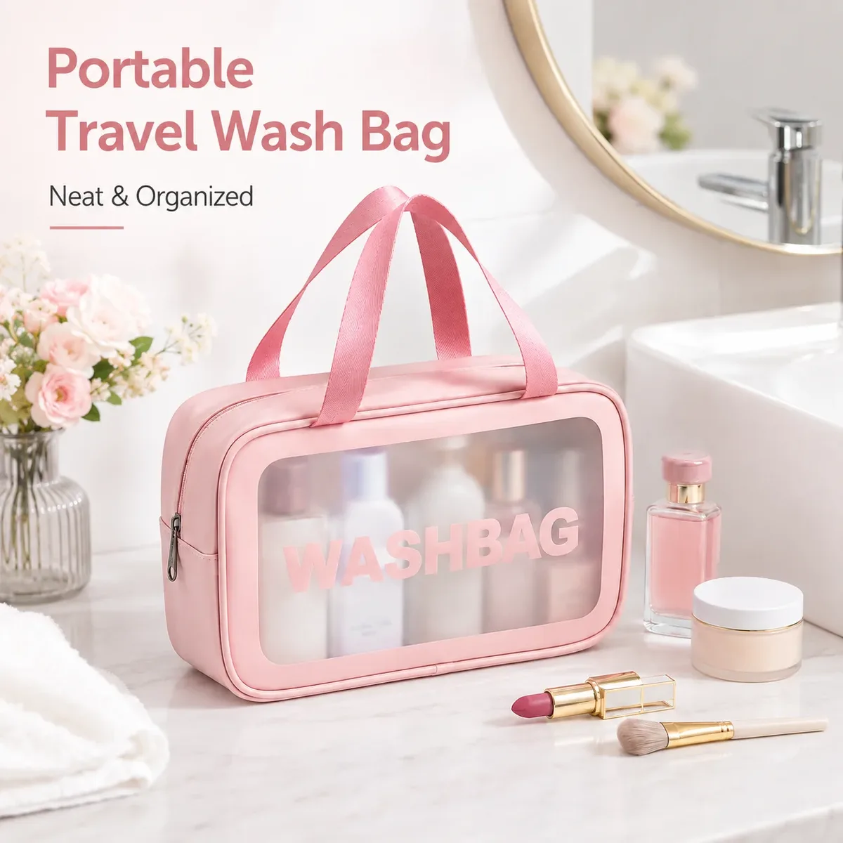 sac de toilette de voyage portable, grande capacité, étanche, organisateur de maquillage avec double poignée, sac de rangement transparent pour cosmétiques