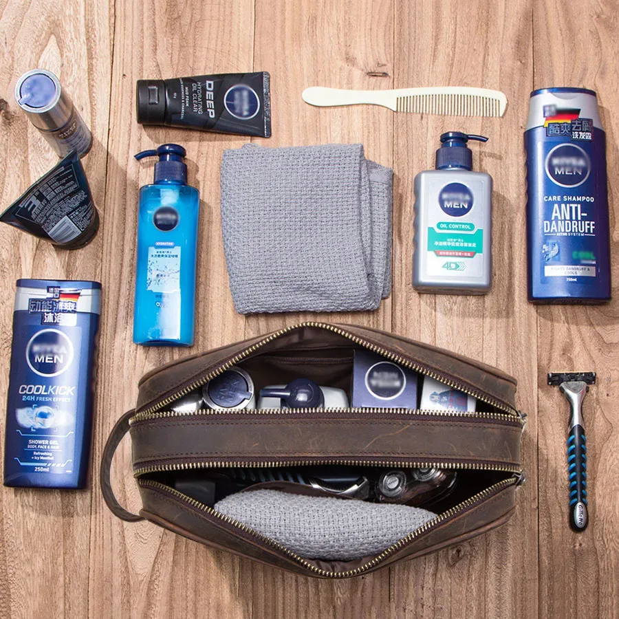 contact's-trousse de toilette en cuir véritable pour homme, trousses de toilette vintage, trousses de maquillage, sac de voyage, crazy horse