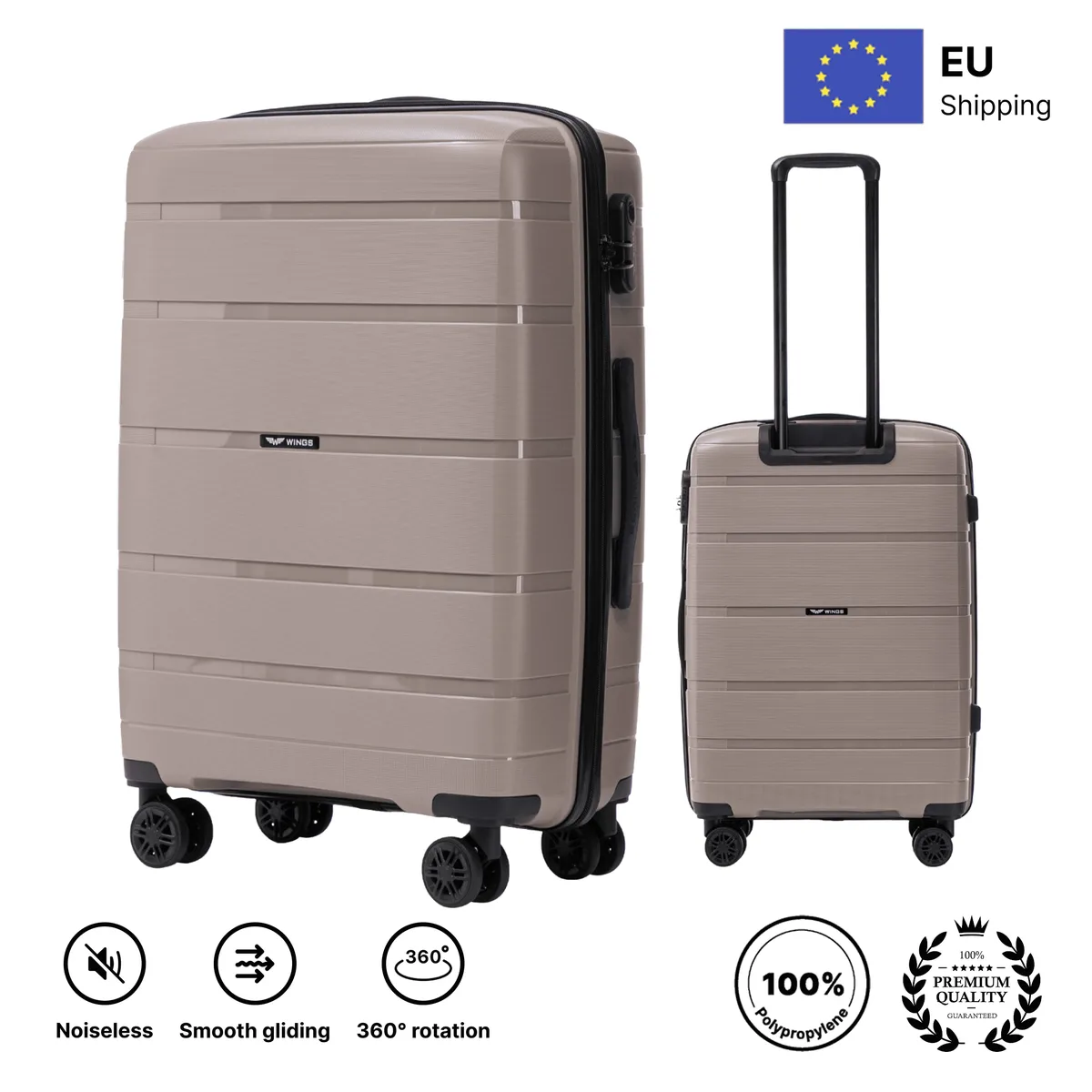 Valises en POLYPROPYLÈNE 20 ", 24 ", 28 " / 75 × 50 × 30 cm / 65 × 44 × 25 cm / 55 × 39 × 20 cm, couleur Hawfinch Champagne, résistantes aux dommages, télescopiques, 4 roulettes 360° ° Double roulettes, serrure à combinaison, poignées latérales et supérieures