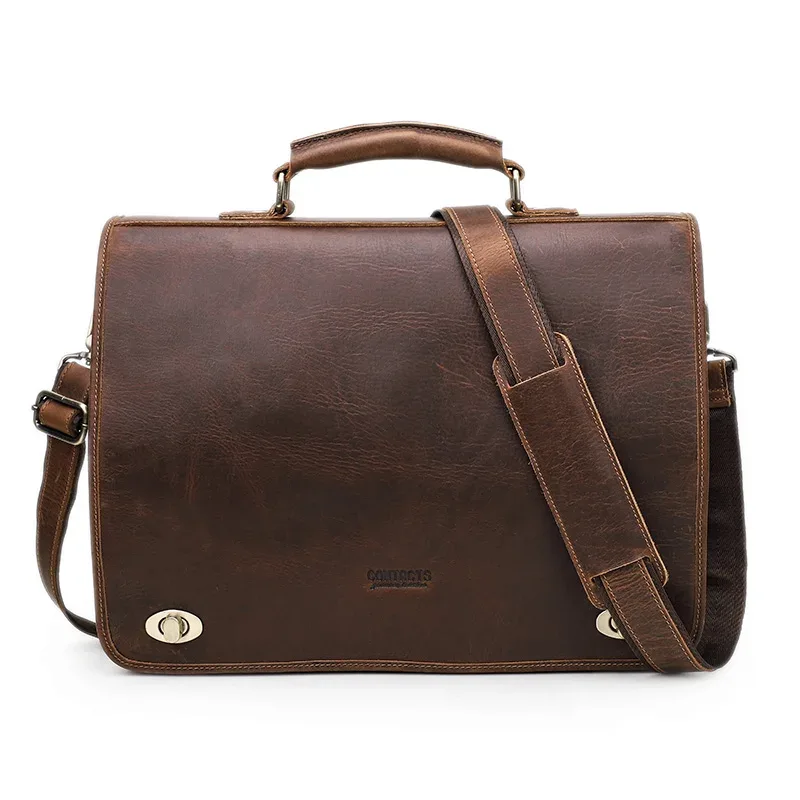 porte documents cuir vraie vache polyester darkbrown loquet sécurité poignées bandoulière compartiments ordinateur portable smartphone cartes voyage