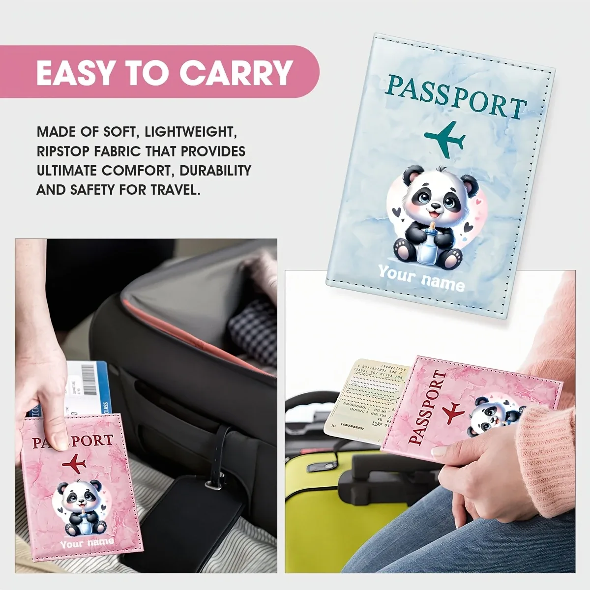 porte-passeport personnalisé avec nom, design d'illustration de panda mignon, motif de panda adorables tenant un cœur
