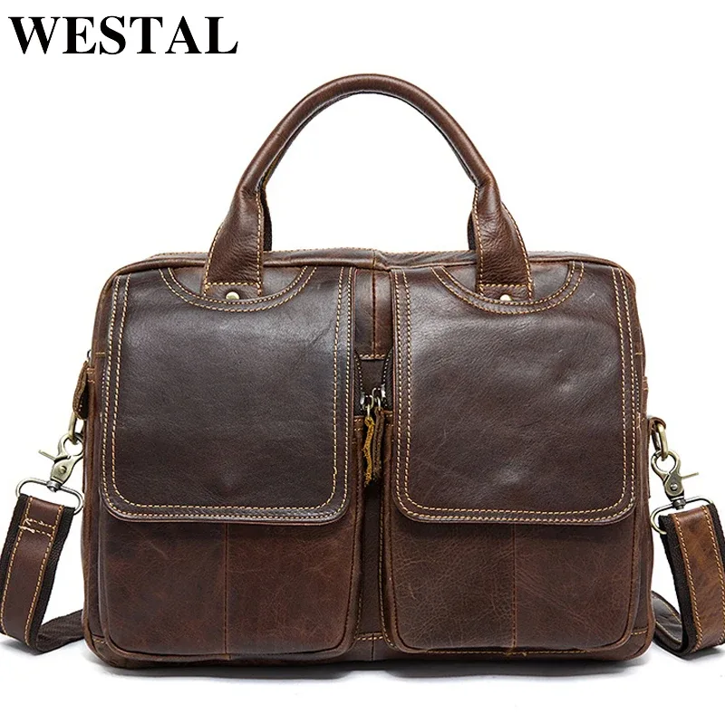 WESTAL-Sac en cuir véritable pour hommes, étuis à bombes, sac pour ordinateur portable, fourre-tout pour documents, sacs de bureau pour hommes, sacs de messager, 8002
