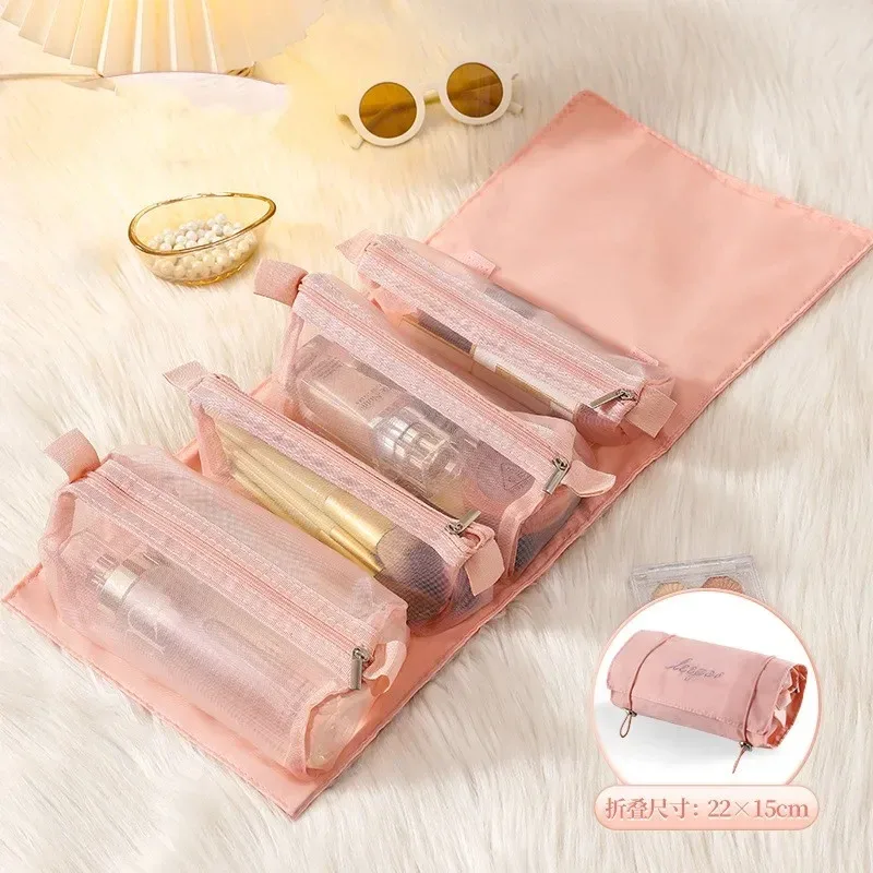 sacs de maquillage portables 4 en 1, grande capacité, pliables, pour voyage, rangement de cosmétiques, trousse de toilette, trousse à cosmétiques détachable