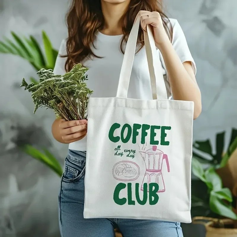 sac fourre-tout sur le thème du café, sac à bandoulière, avec lettrage vert et motif de tasse à café, adapté aux voyages, aux déplacements quotidiens et à une utilisation quotidienne décontractée.