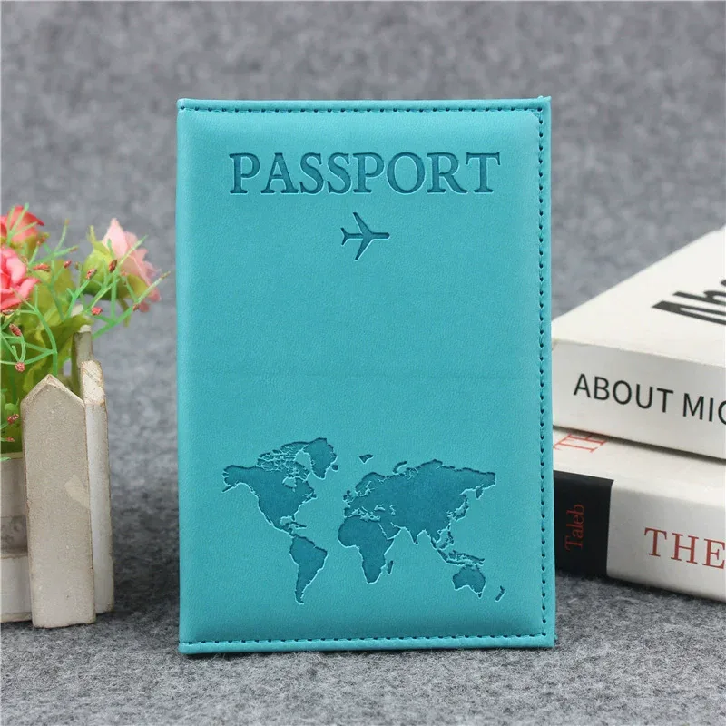 couverture de passeport en cuir pu pour hommes et femmes, étui de passeport de voyage avec carte du monde, organisateur-porte-carte de protection, couvertures de documents d'identité