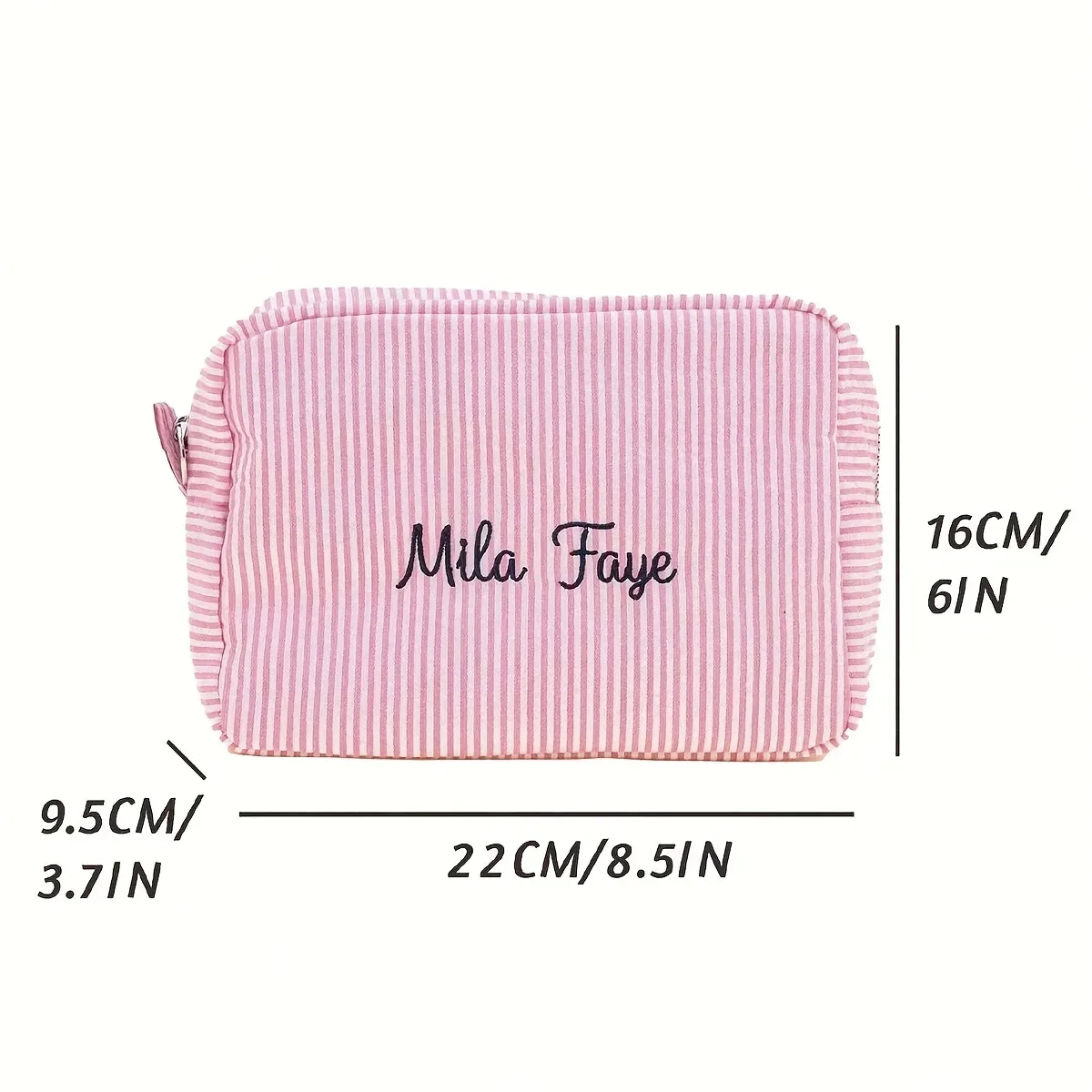 sac de maquillage brodé avec nom personnalisé, pochette à cosmétiques rayée, organisateur de toilette de voyage, trousse à crayons à fermeture éclair de grande capacité, cadeau pour femmes