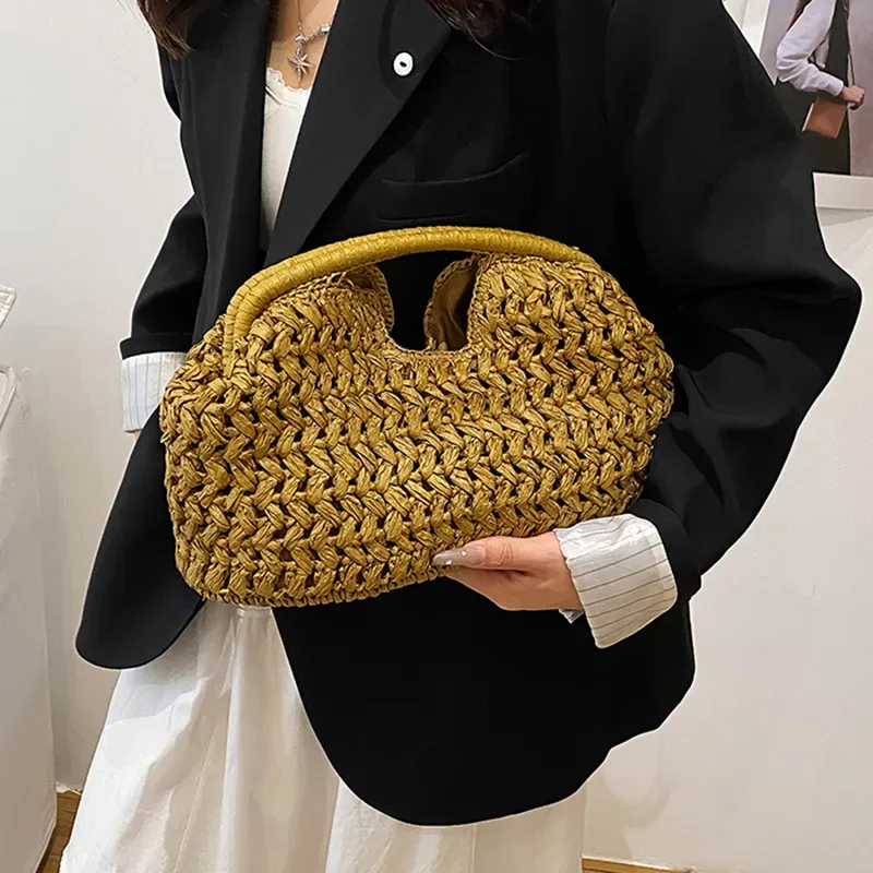 nouveau sac de plage d'été pour femme, pochette de luxe, sacs en paille de créateur, sac fourre-tout, sac à main tendance en rotin tressé, sac de voyage pour femme
