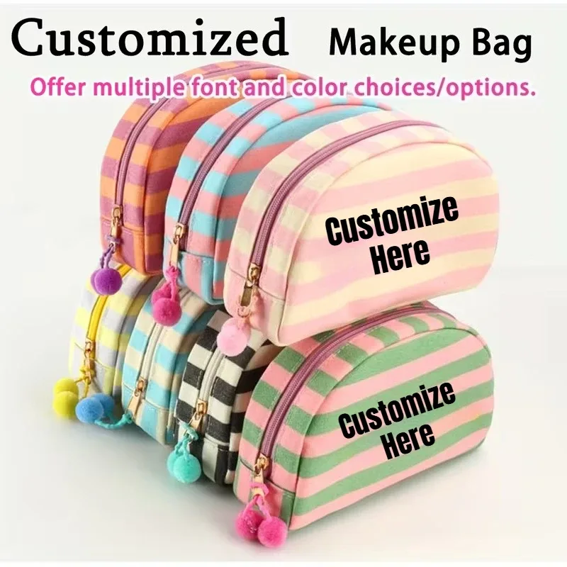 Sac de rangement cosmétique rayé personnalisé avec logo imprimé, grande capacité, sac de rangement Dopamine, sacs de rangement cosmétiques de voyage simples et tendance
