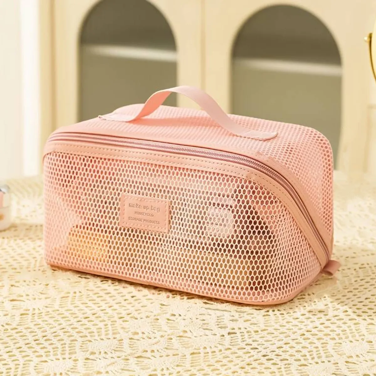 sac cosmétique en maille pour femmes, sac de rangement pour cosmétiques de voyage de grande capacité, trousse de toilette portable