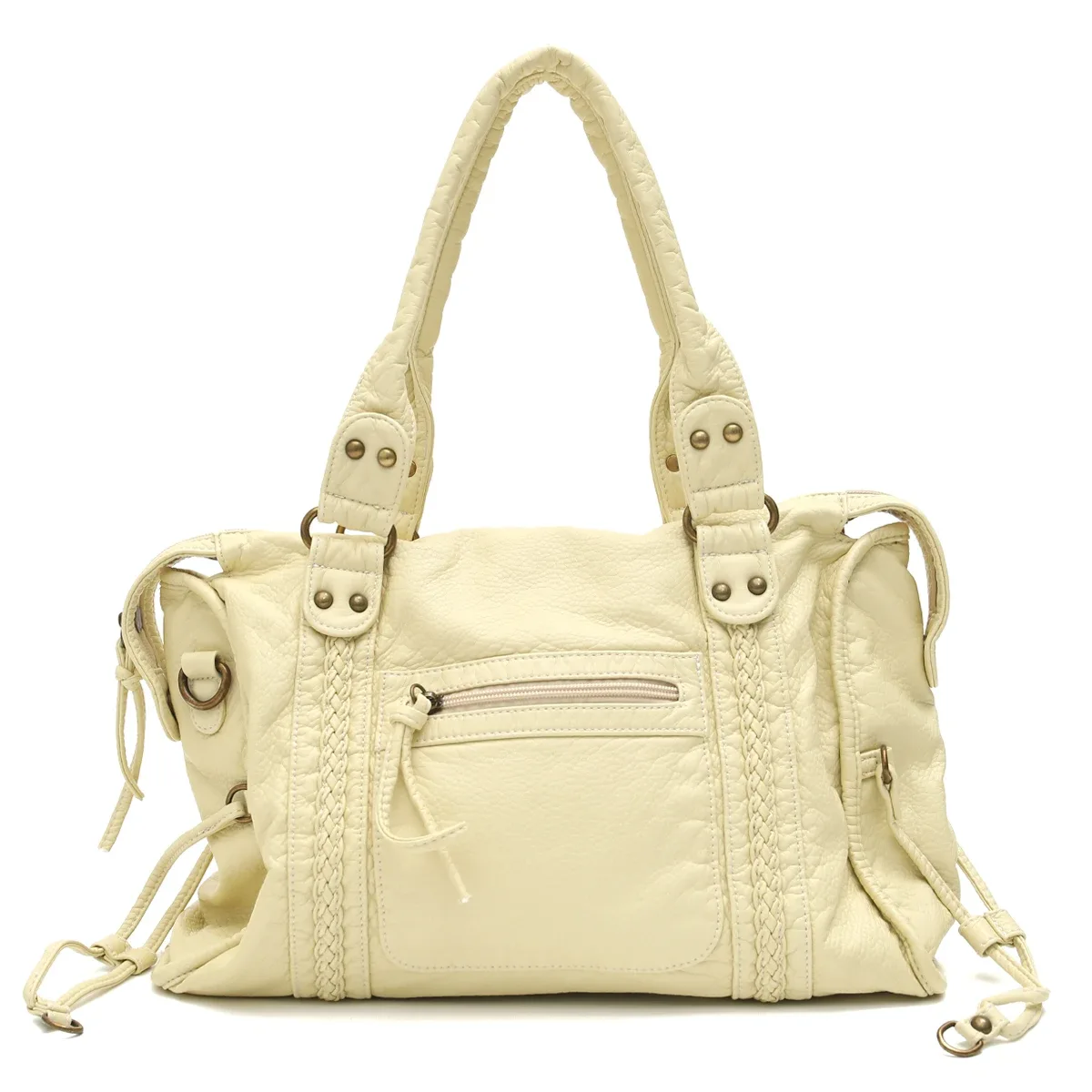 vintage lavé en cuir pu grande capacité fourre-tout poches zippées tresse décor épaule sac à bandoulière unisexe femmes voyage quotidien sac à main