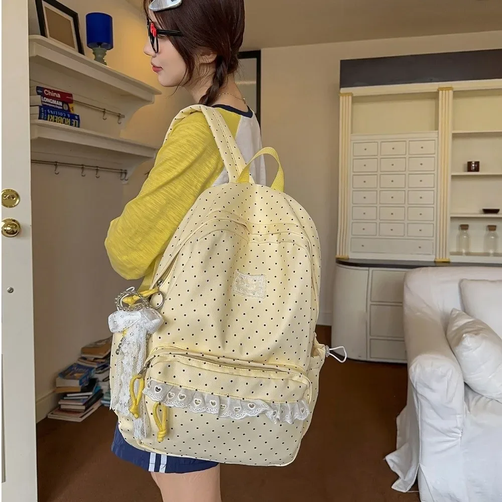 sac à dos de voyage mignon à pois, grande capacité, en nylon, pour étudiants, avec dentelle, multi-poches, sac à dos pour ordinateur portable