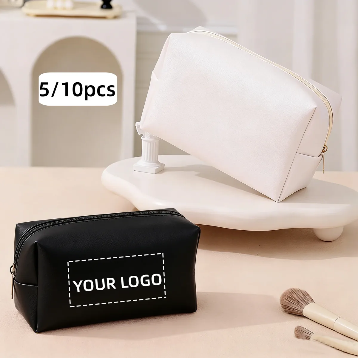 trousse de maquillage en cuir avec logo personnalisé, grande capacité, idéale pour les voyages, disponible en plusieurs couleurs, en cuir pu souple, avec fermeture à glissière, pour femmes (2 tailles).