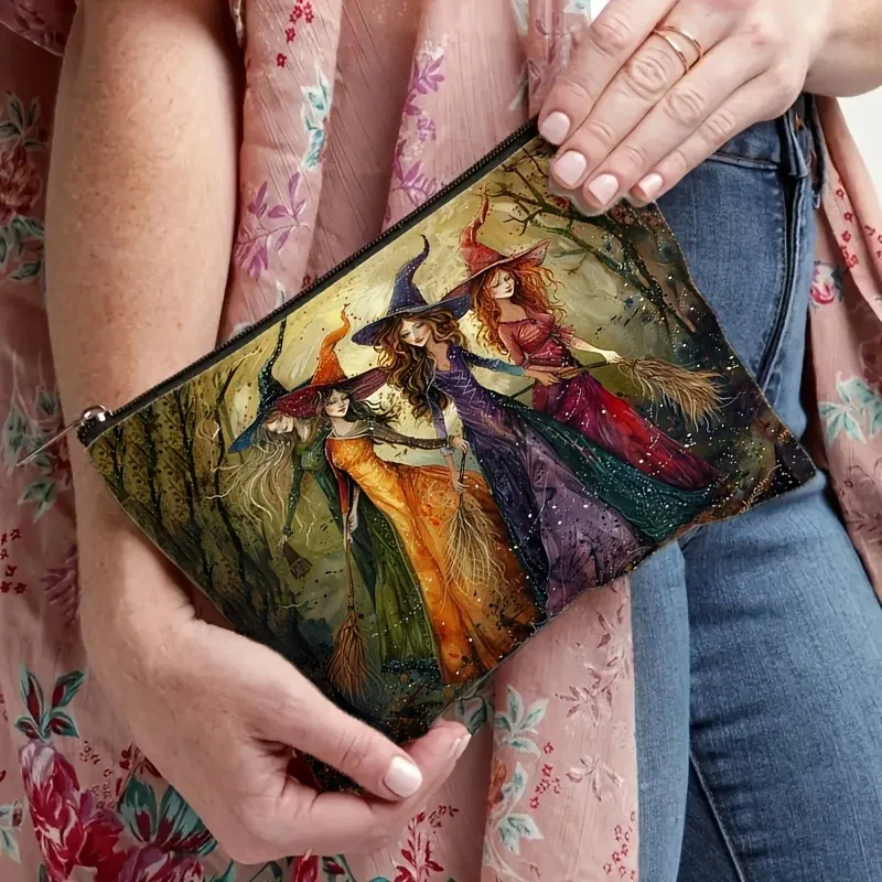 trousse de maquillage à motif de sorcière rétro, légère et pliable, rangement de voyage, impression recto-verso avec un design de sorcière vibrant, pour halloween