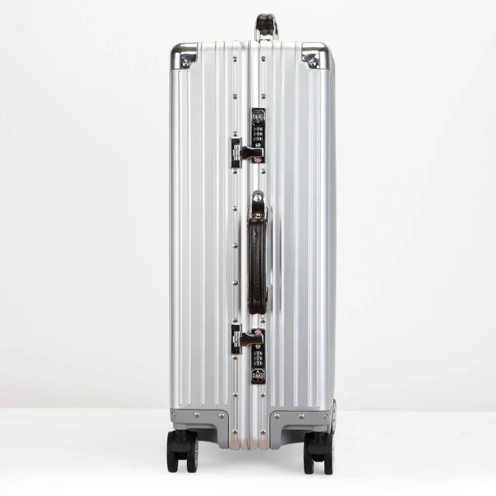 valise vintage en alliage d'aluminium-magnésium de qualité supérieure, bagage à roulettes de voyage léger de 20/24/26/29 pouces avec poignée en cuir