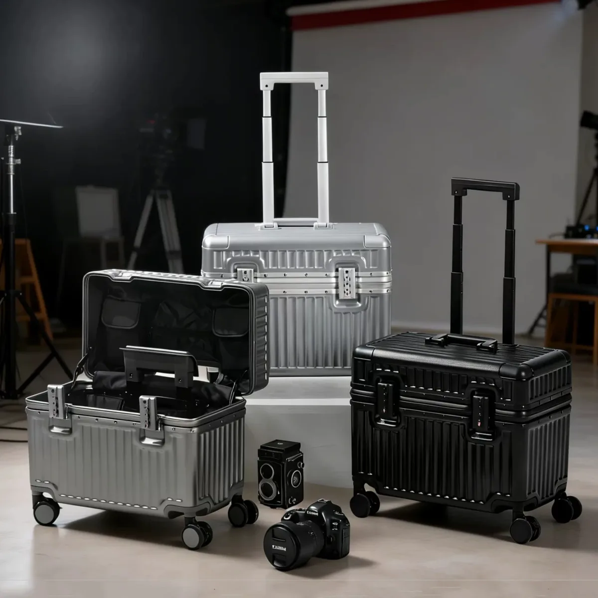 valise à ouverture par le haut 18/20 pouces, bagage cabine pour photographe, bagage à roulettes en matériau pc avec cadre en alliage d'aluminium et serrure tsa
