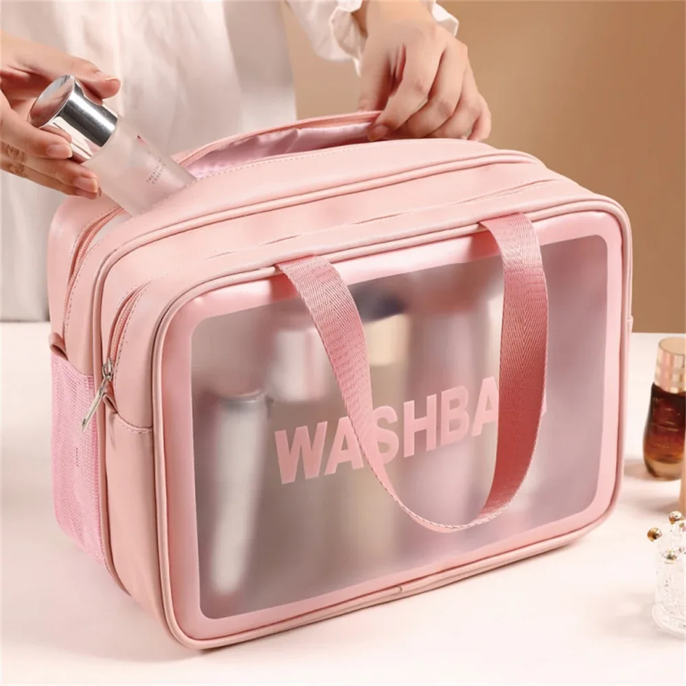 trousse de maquillage portable grande capacité tendance ; sac de toilette double couche givré séparation sec/humide ; sac de rangement de voyage multifonctionnel
