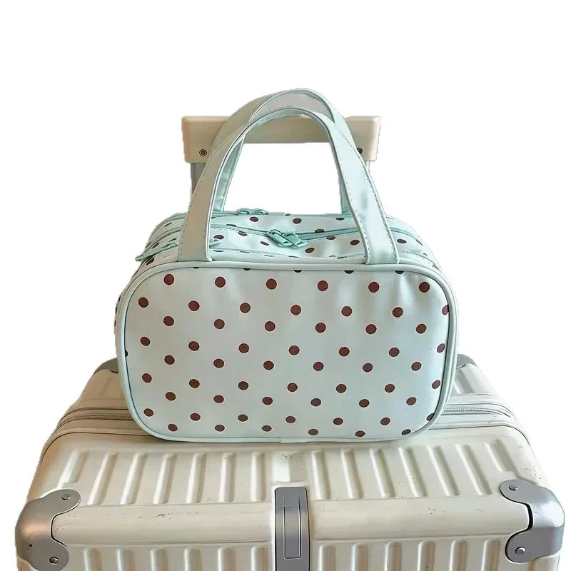 sac de maquillage portable pour femme avec pois menthe, compartiment à trois couches, sac de rangement cosmétique portable de grande capacité pour les voyages