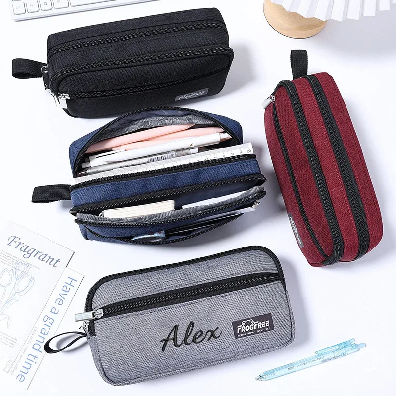 trousse polyester solide personnalisation lettres dorées compartiments maquillage voyage noir bleu rouge gris kaki