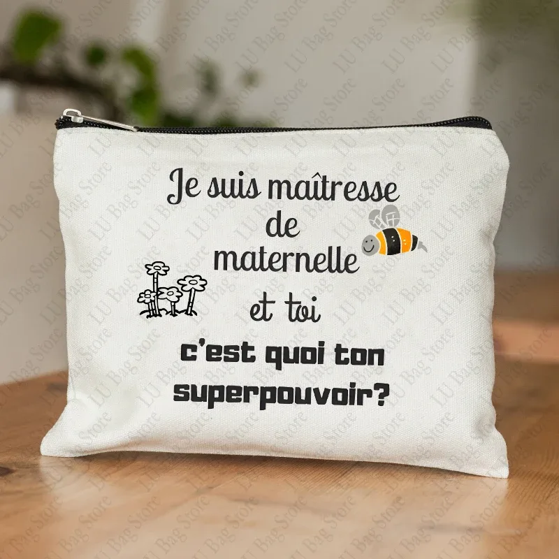 trousse de maquillage pour femmes, thème enseignant, étui à cosmétiques inspiré de maitresse avec motif éducatif de conception de style français, portefeuille pour le travail ou l'école