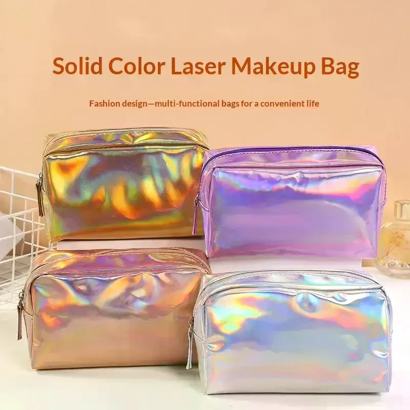 sac cosmétique laser couleur unie, étanche, portable, pour rangement de produits de toilette, sac cadeau maquillage, pochette de maquillage, organisateur de cosmétiques de voyage
