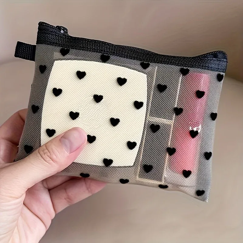 trousse à cosmétiques transparente en forme de cœur, lot de 2, beige et noir, pliable avec porte-rouge à lèvres, organisateur de petits objets portable pour voyage, sac de rangement multifonctionnel