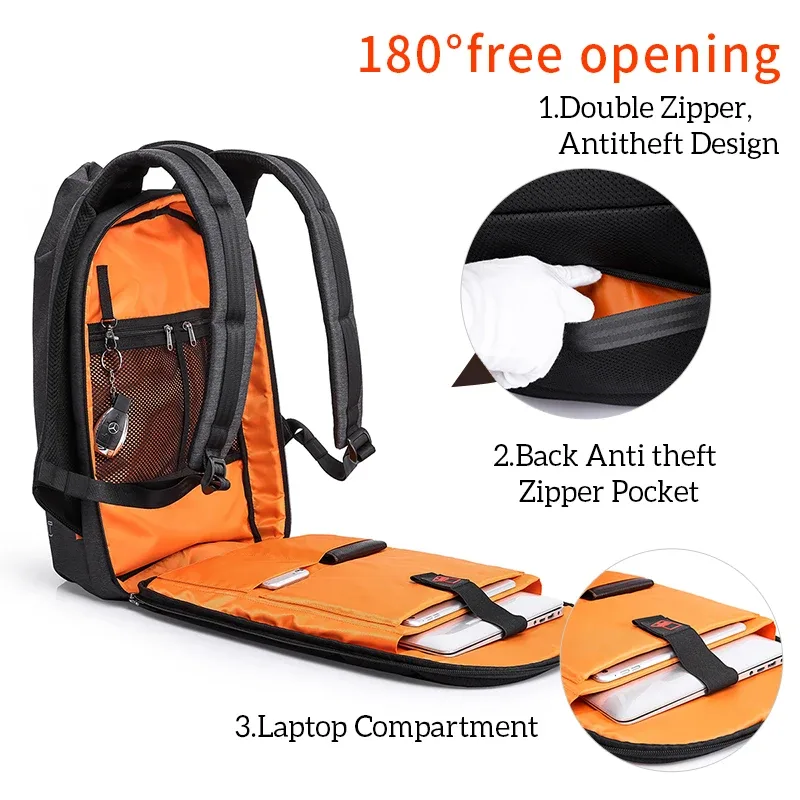 sac à dos pour ordinateur portable de 16 à 17 pouces, étanche, résistant à 180, ouvert, grande capacité, sac de voyage, chargement usb, sac de sport pour adolescent