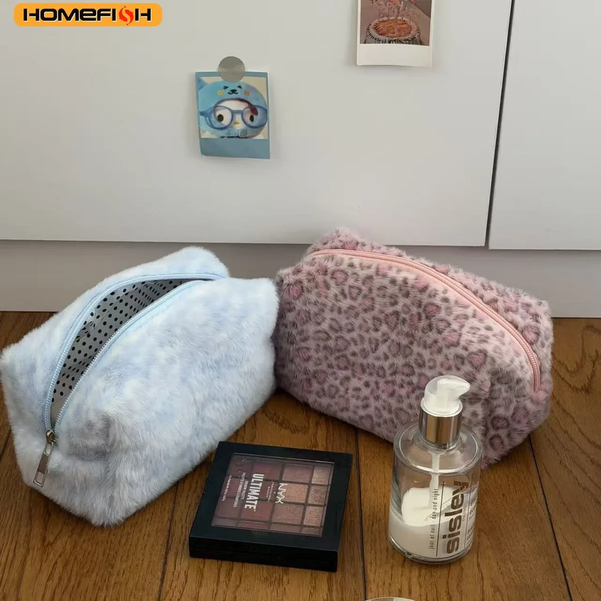 pochette de maquillage durable à imprimé léopard duveteux, organiseur de toilette pour femmes, pochette de rangement cosmétique portable pour les filles, utilisation quotidienne en extérieur