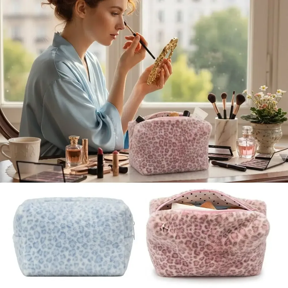 sac de maquillage en fourrure durable, grande capacité, imprimé léopard, organiseur de toilette, sac cosmétique portable, pochette de rangement de voyage pour filles