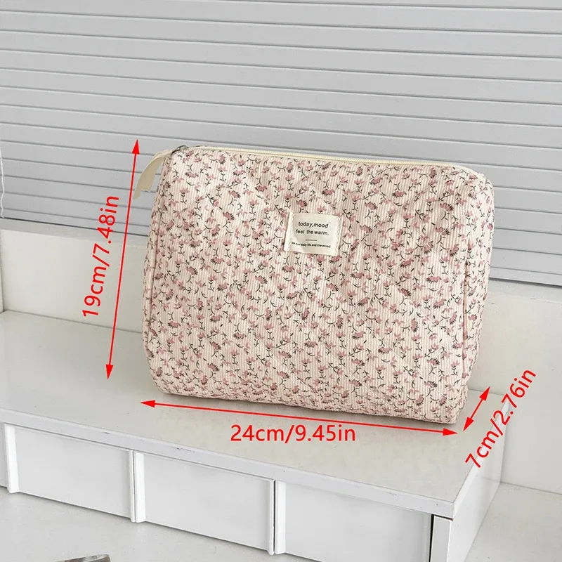 pochette à cosmétiques florale en velours côtelé, mignonne, rose, motif floral, trousse de maquillage portable, organiseur de beauté quotidien