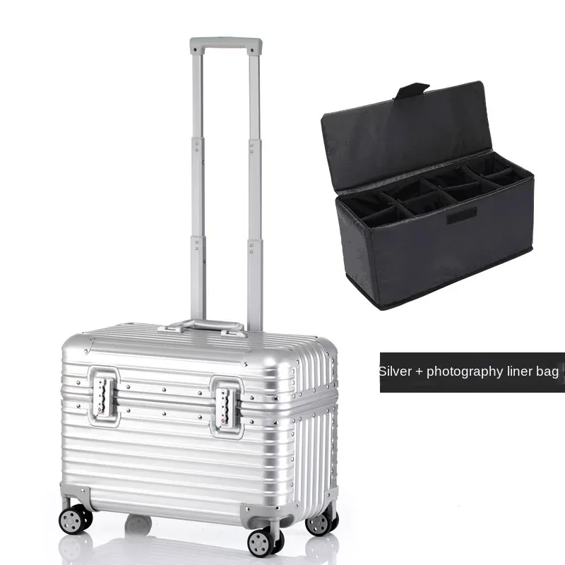 valise en aluminium 100%, étui pour appareil photo de photographie à ouverture supérieure, valise de cabine à main de 18/20 pouces, serrure par mot de passe, boîte à outils pour bagages